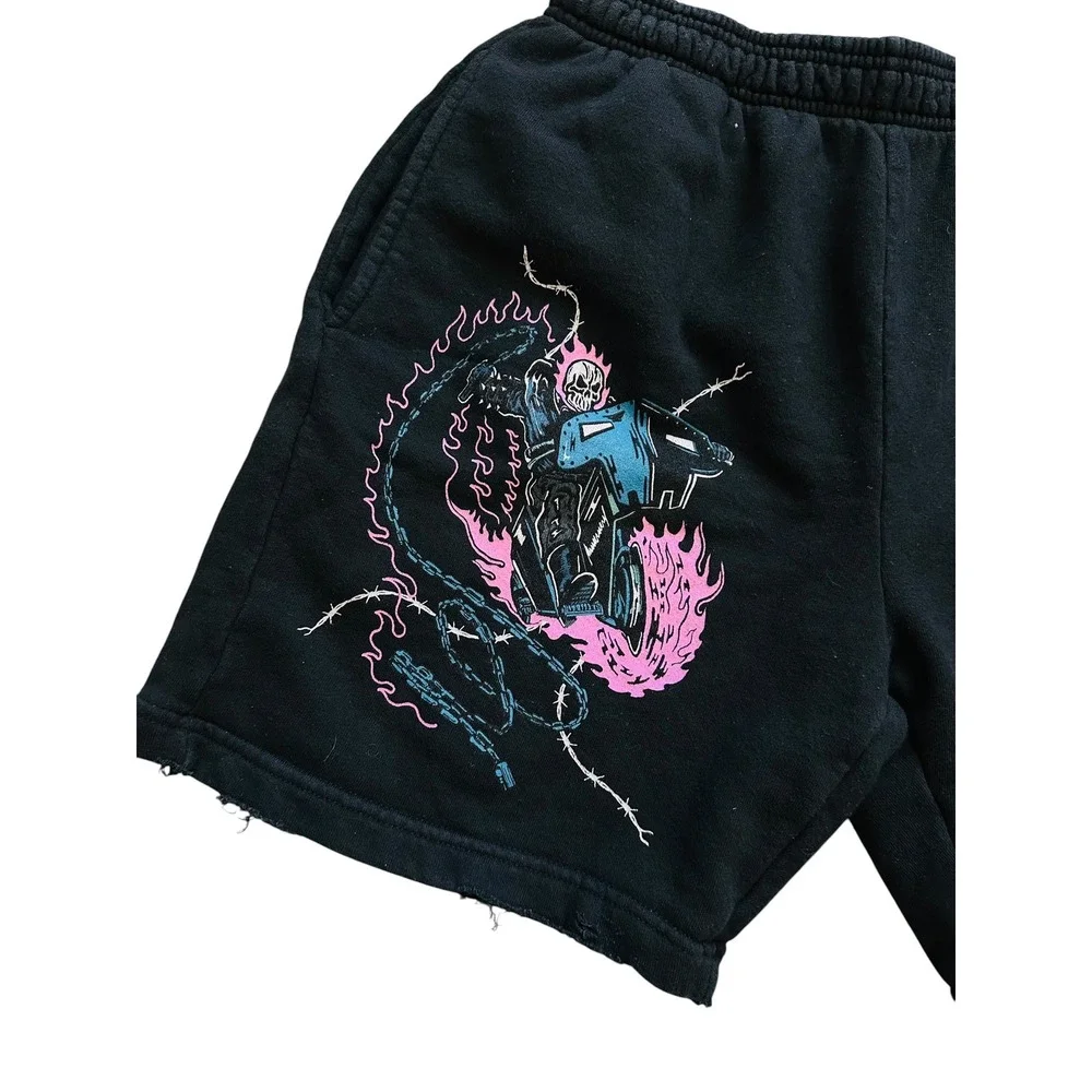 Streetwear Warren Lotas Ghost Rider Graphic Sweat Shorts Medium Black Marvel 90s